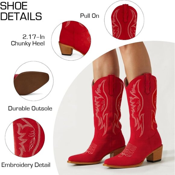 Women's Faux Suede Pointed Heeled Western Wide Calf Embroidered Red Boots - Picture 5 of 8